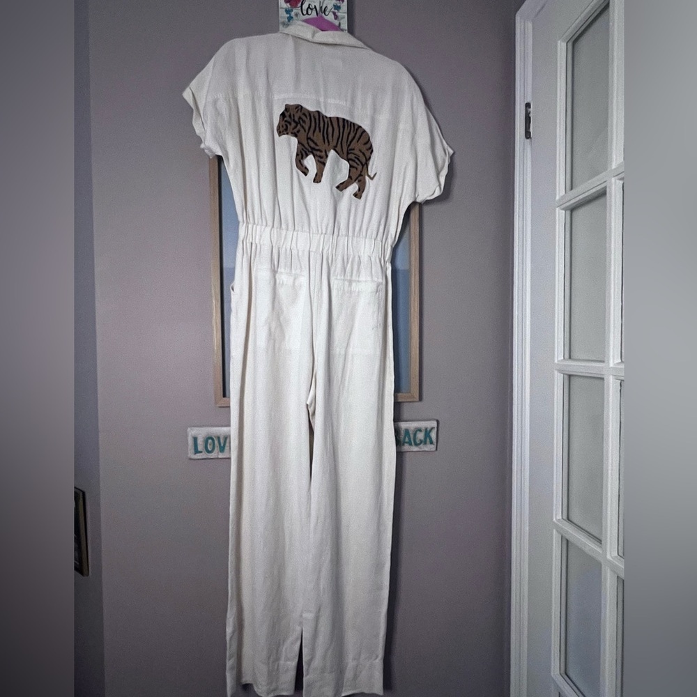 🌻five -stitched by tina- 
One of a kind Upcycled jumpsuit with tapestry tiger